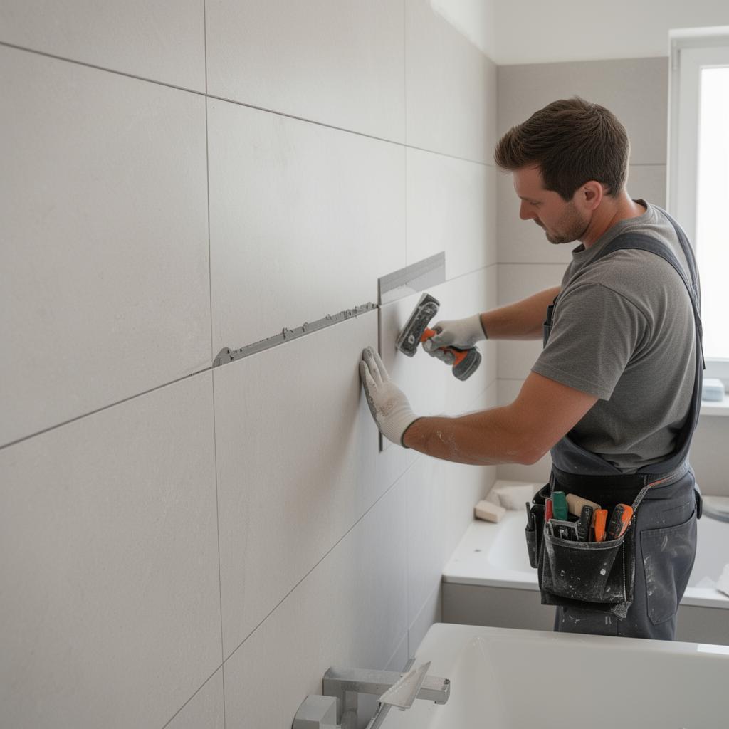 Hantverkare arbetar med kakelsättning