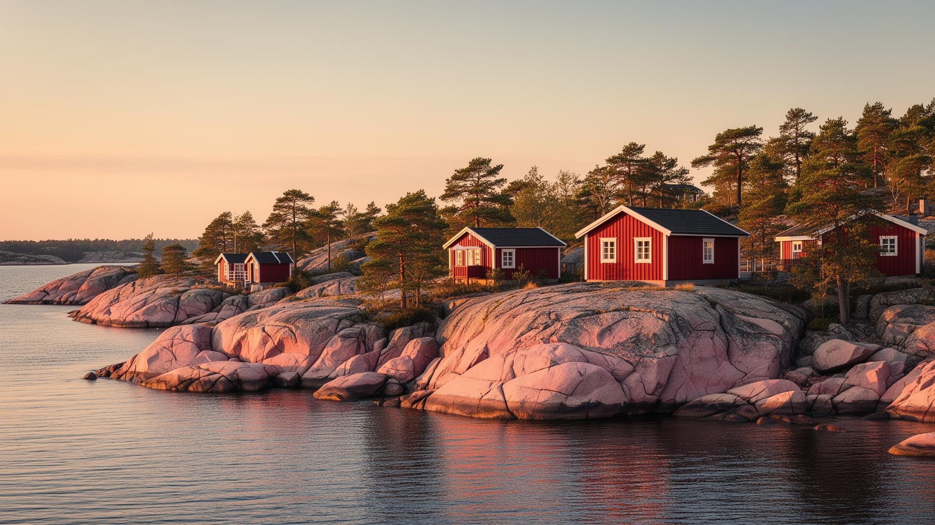 Bohuslänsk skärgård med röda stugor på Orust