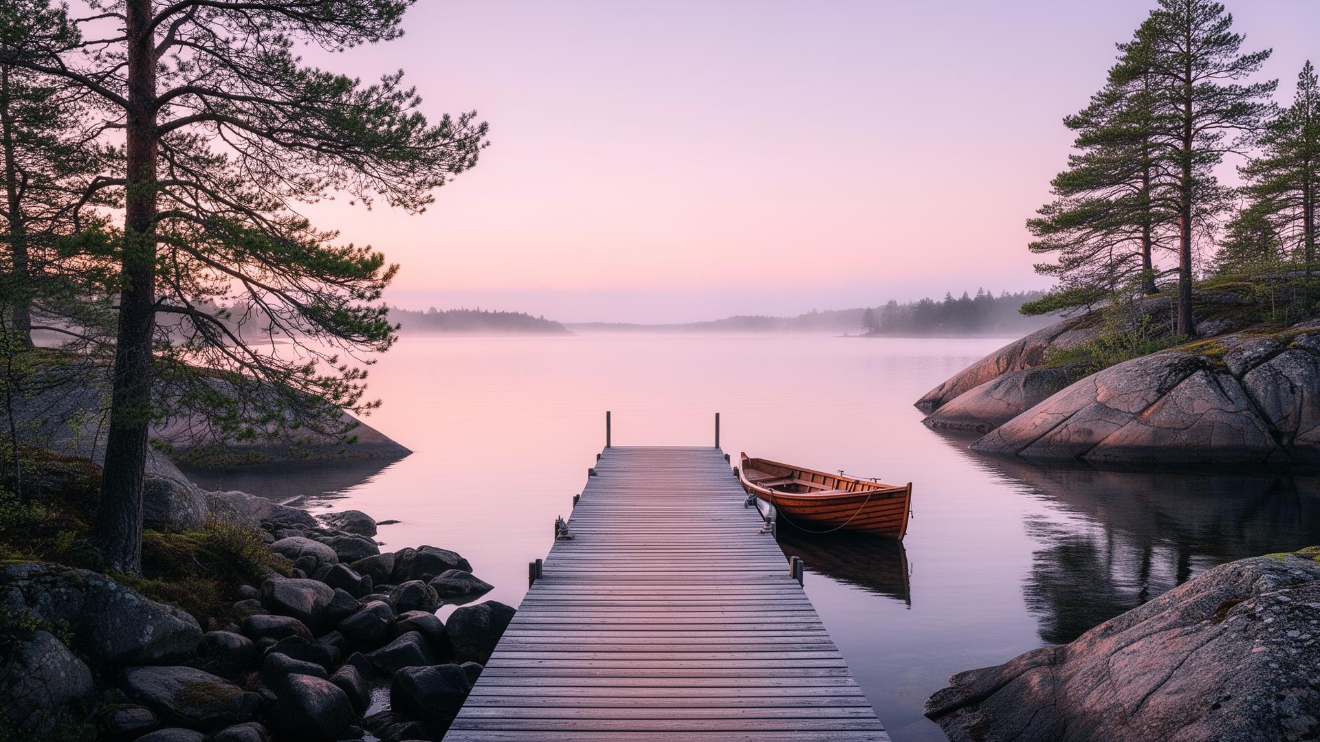 Träbrygga och båt vid lugn vik på västkusten